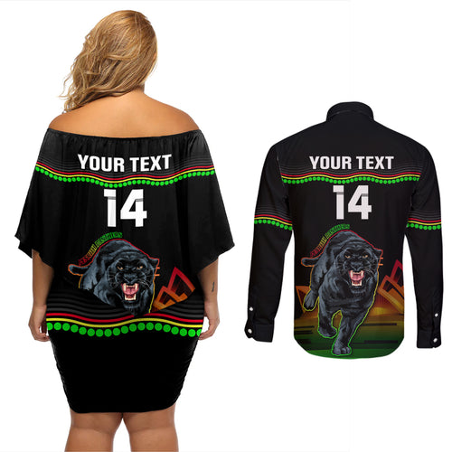 Custom Australia Day Panthers Couples Matching Off Shoulder Short Dress and Long Sleeve Button Shirt NRL 2024 Sydney Opera House With Map - Black