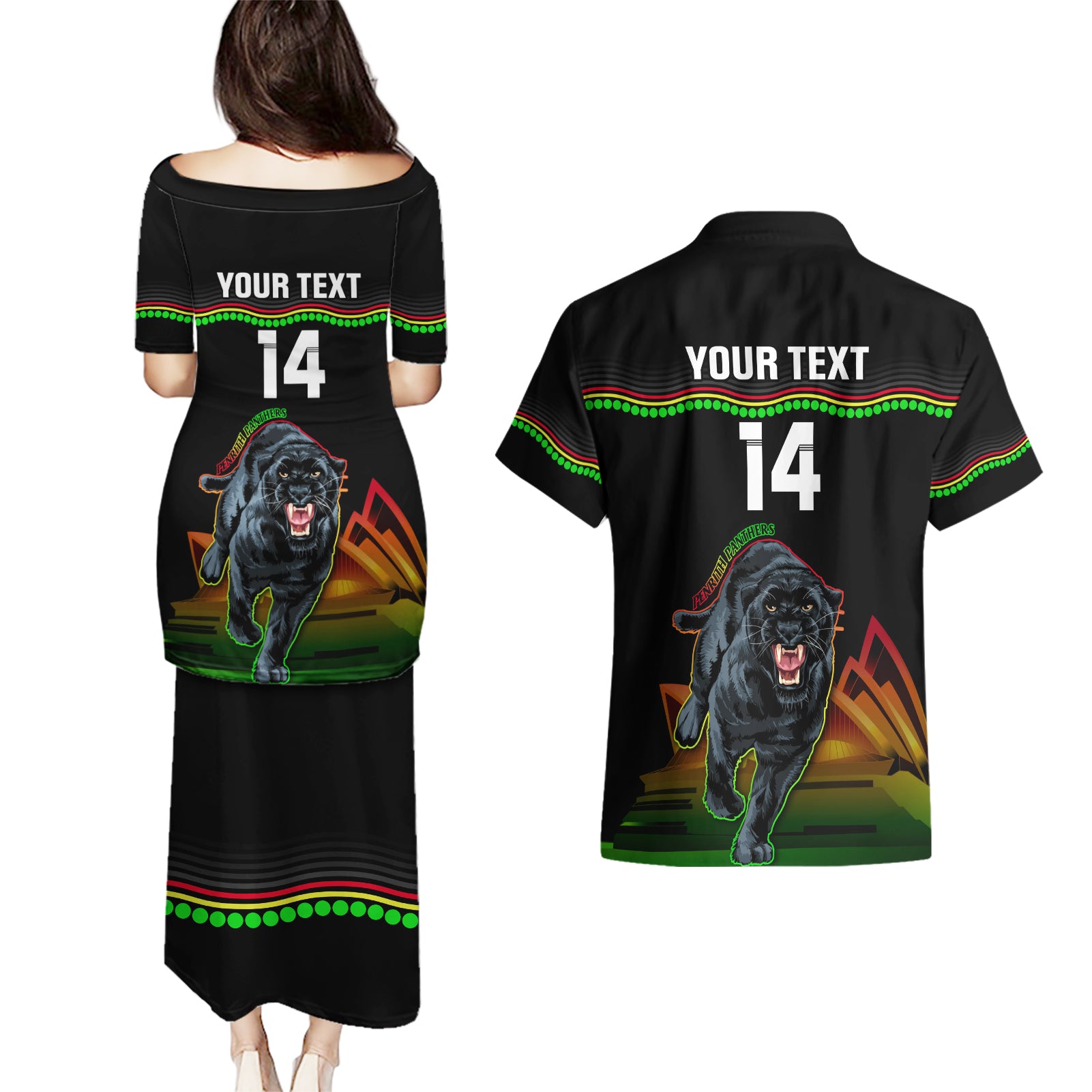 Custom Australia Day Panthers Couples Matching Puletasi and Hawaiian Shirt NRL 2024 Sydney Opera House With Map - Black