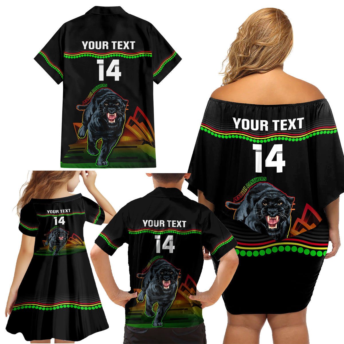Custom Australia Day Panthers Family Matching Off Shoulder Short Dress and Hawaiian Shirt NRL 2024 Sydney Opera House With Map - Black