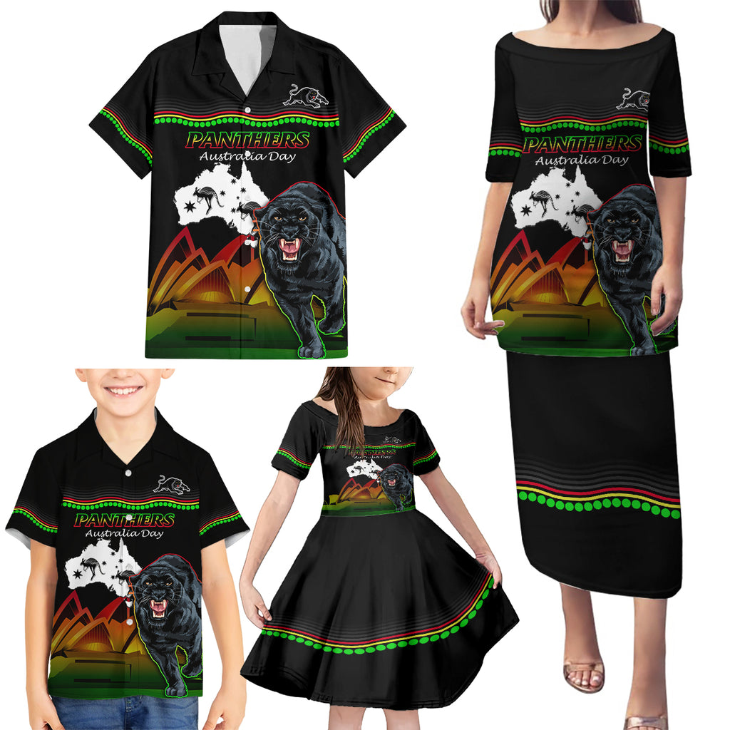 Custom Australia Day Panthers Family Matching Puletasi and Hawaiian Shirt NRL 2024 Sydney Opera House With Map - Black