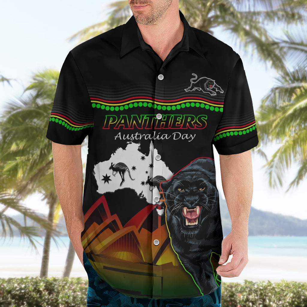 Custom Australia Day Panthers Hawaiian Shirt NRL 2024 Sydney Opera House With Map - Black