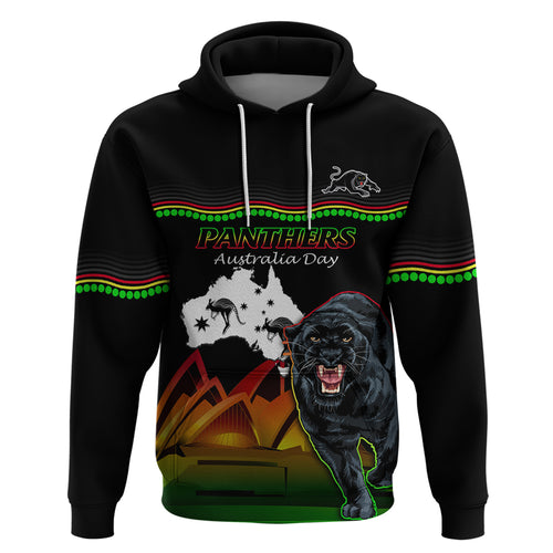 Custom Australia Day Panthers Hoodie NRL 2024 Sydney Opera House With Map - Black