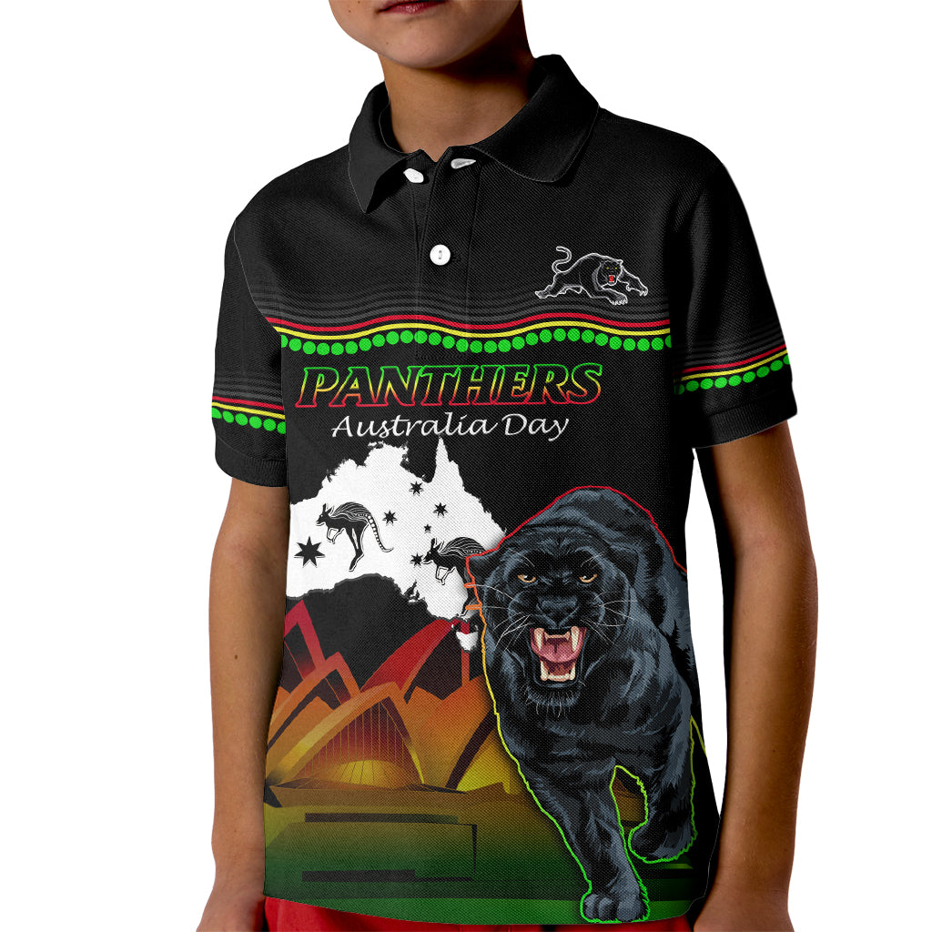 Custom Australia Day Panthers Kid Polo Shirt NRL 2024 Sydney Opera House With Map - Black