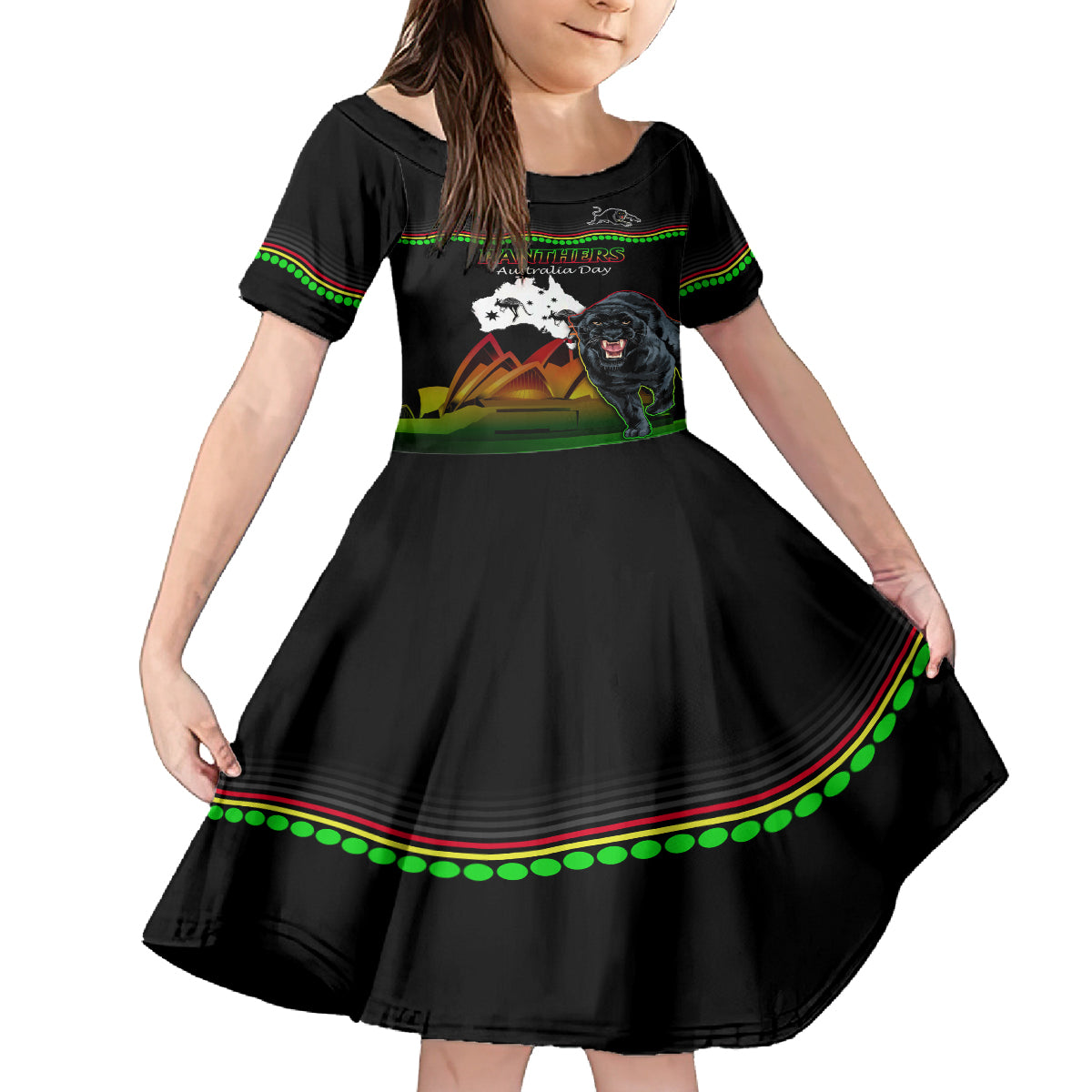 Custom Australia Day Panthers Kid Short Sleeve Dress NRL 2024 Sydney Opera House With Map - Black