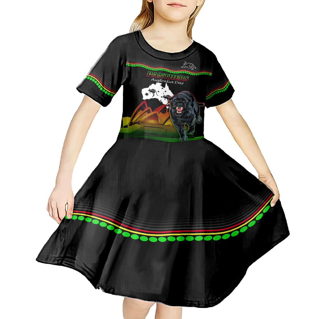 Custom Australia Day Panthers Kid Short Sleeve Dress NRL 2024 Sydney Opera House With Map - Black