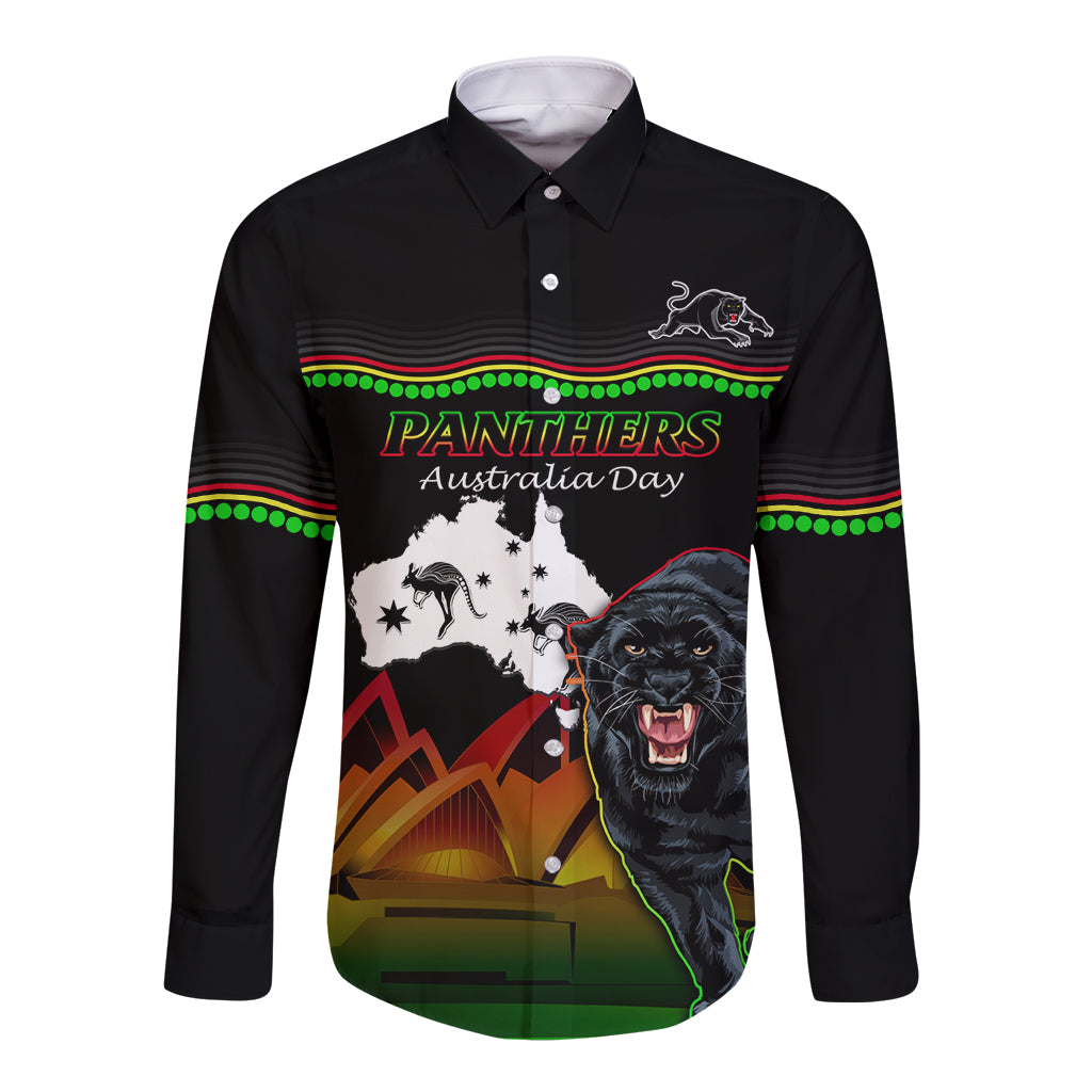 Custom Australia Day Panthers Long Sleeve Button Shirt NRL 2024 Sydney Opera House With Map - Black