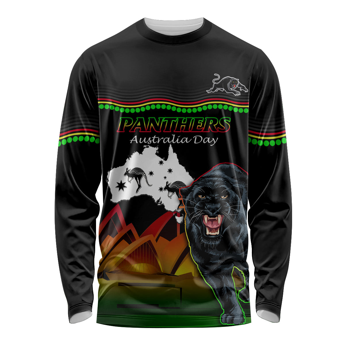 Custom Australia Day Panthers Long Sleeve Shirt NRL 2024 Sydney Opera House With Map - Black