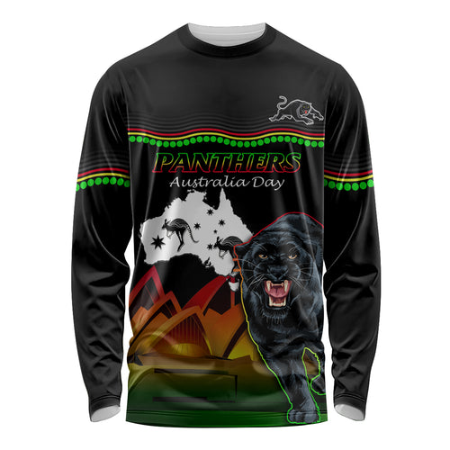 Custom Australia Day Panthers Long Sleeve Shirt NRL 2024 Sydney Opera House With Map - Black