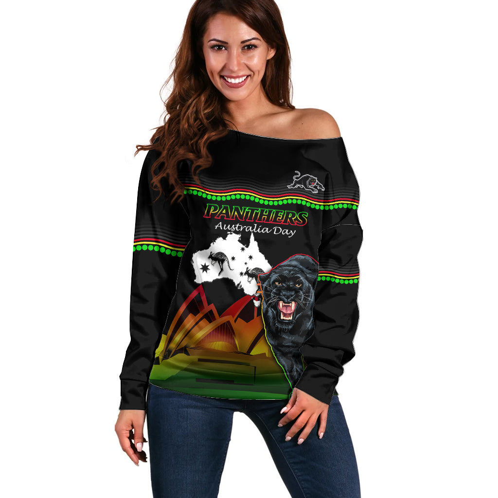 Custom Australia Day Panthers Off Shoulder Sweater NRL 2024 Sydney Opera House With Map - Black