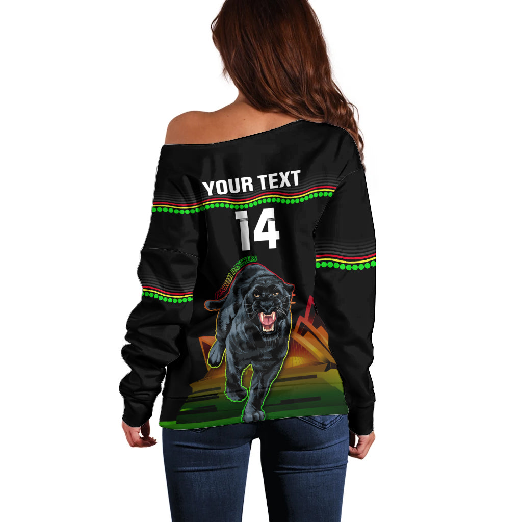 Custom Australia Day Panthers Off Shoulder Sweater NRL 2024 Sydney Opera House With Map - Black