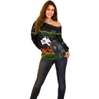 Custom Australia Day Panthers Off Shoulder Sweater NRL 2024 Sydney Opera House With Map - Black