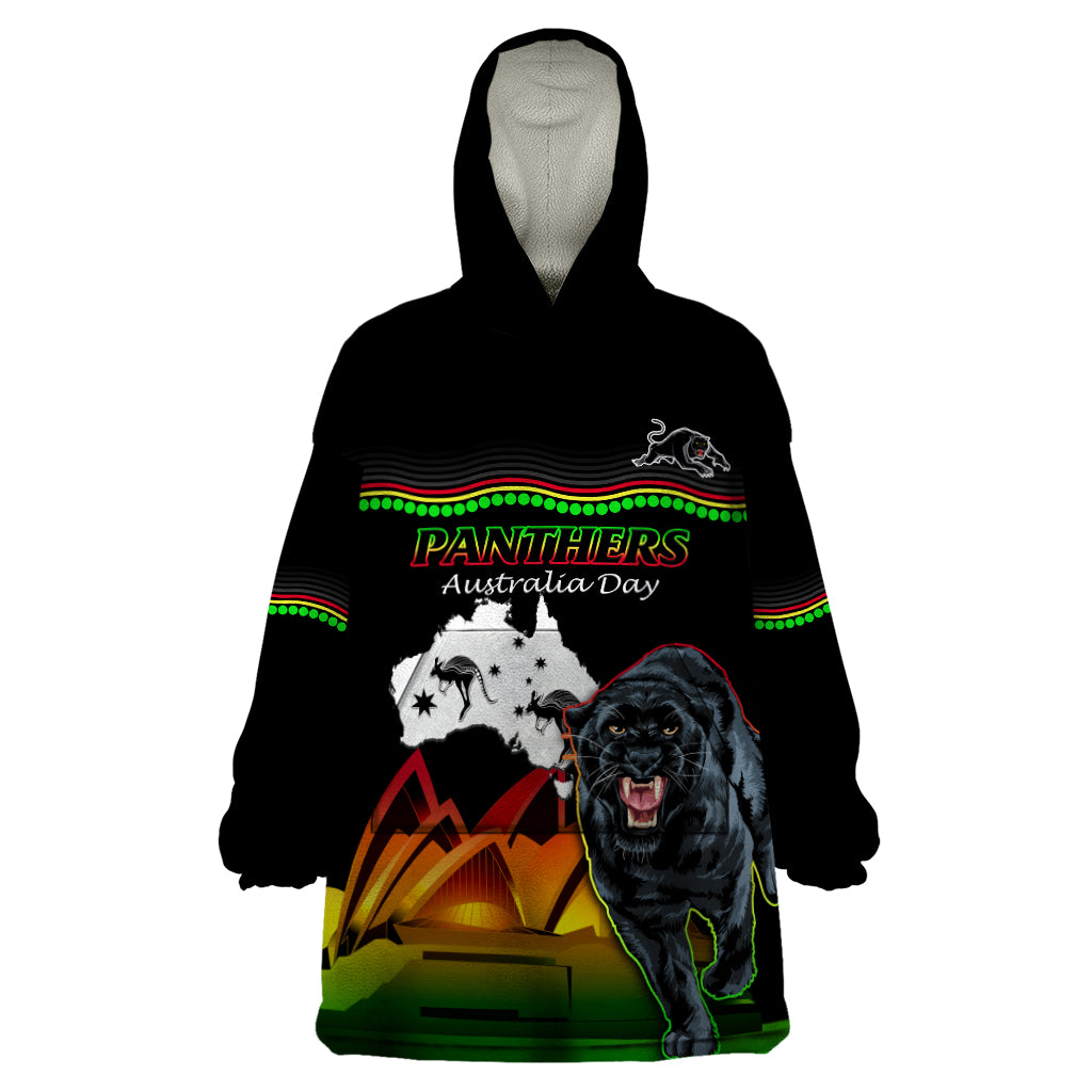 Custom Australia Day Panthers Wearable Blanket Hoodie NRL 2024 Sydney Opera House With Map - Black