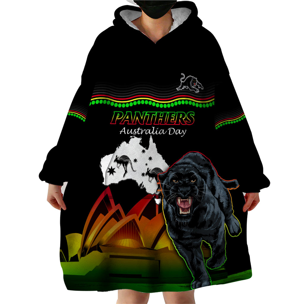 Custom Australia Day Panthers Wearable Blanket Hoodie NRL 2024 Sydney Opera House With Map - Black