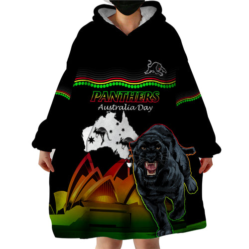Custom Australia Day Panthers Wearable Blanket Hoodie NRL 2024 Sydney Opera House With Map - Black