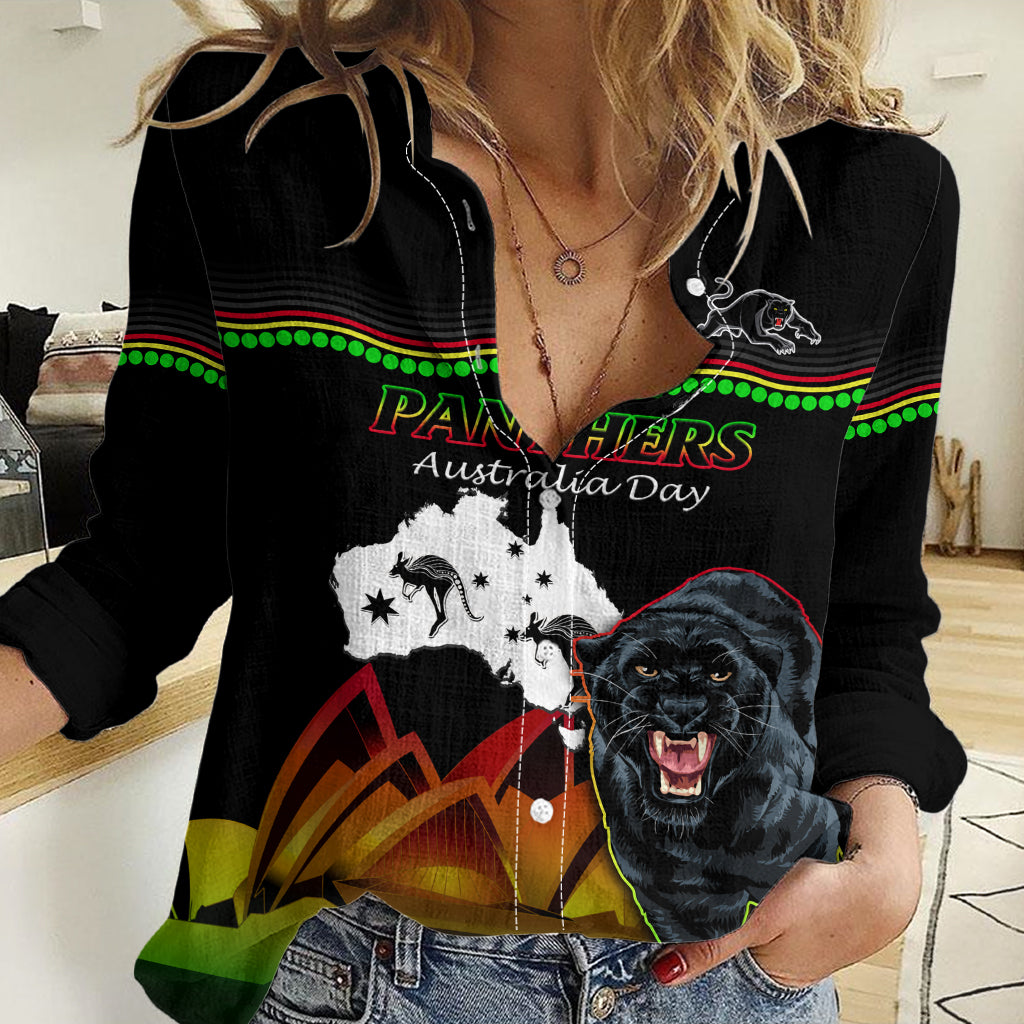 Custom Australia Day Panthers Women Casual Shirt NRL 2024 Sydney Opera House With Map - Black