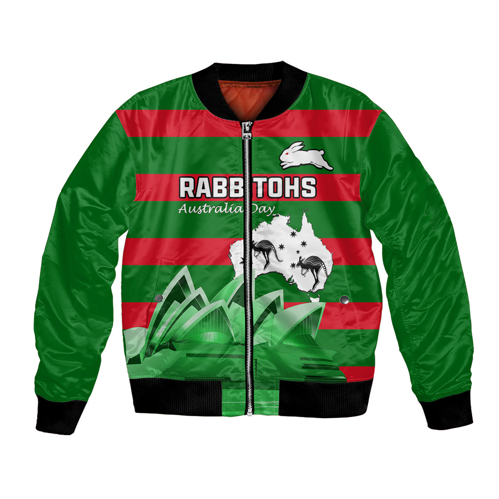 Custom Australia Day Rabbitohs Bomber Jacket NRL 2024 Sydney Opera House With Map