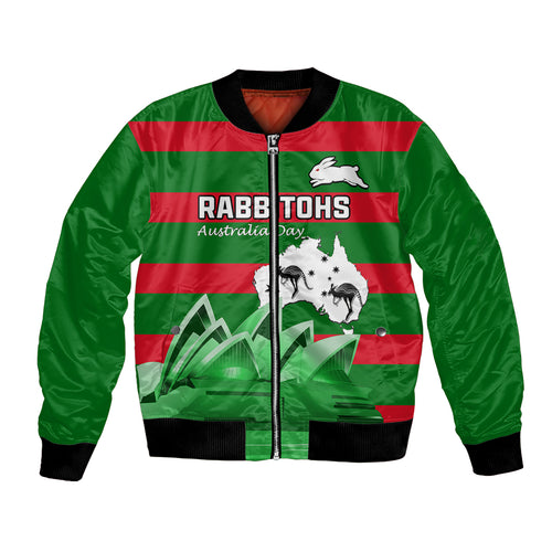Custom Australia Day Rabbitohs Bomber Jacket NRL 2024 Sydney Opera House With Map