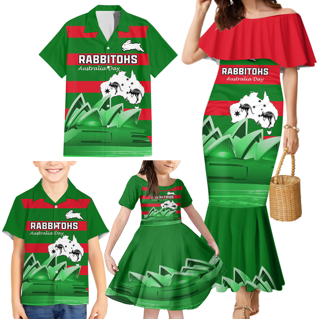 Custom Australia Day Rabbitohs Family Matching Mermaid Dress and Hawaiian Shirt NRL 2024 Sydney Opera House With Map