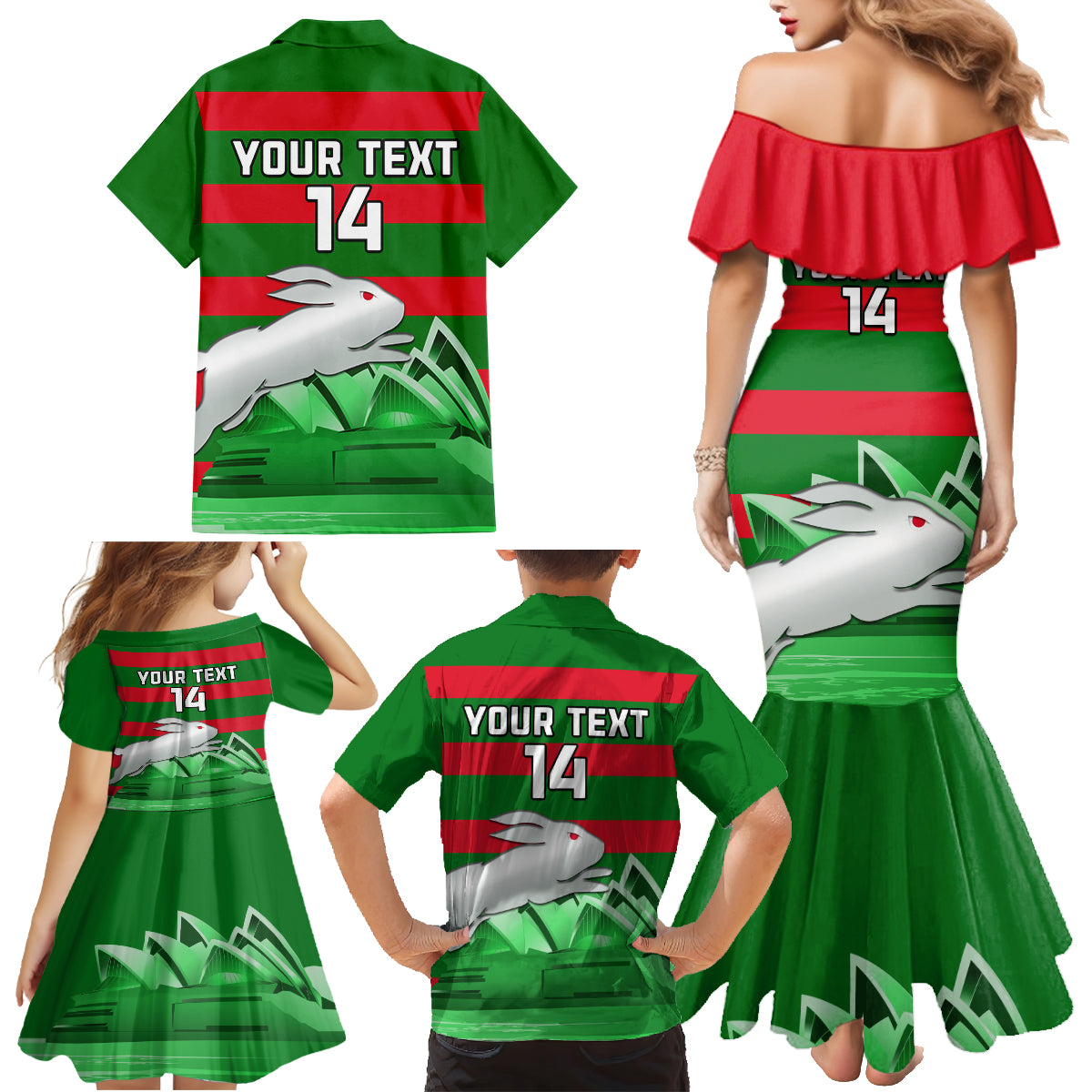 Custom Australia Day Rabbitohs Family Matching Mermaid Dress and Hawaiian Shirt NRL 2024 Sydney Opera House With Map