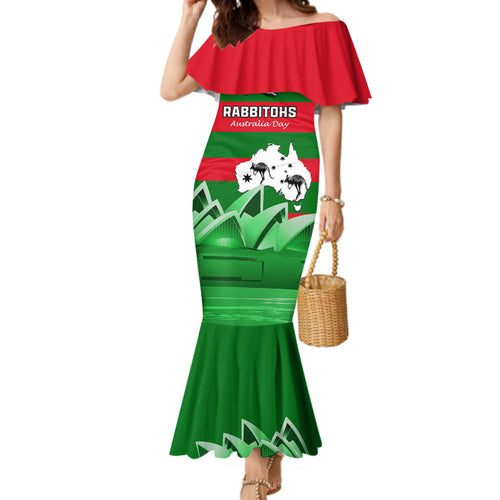 Custom Australia Day Rabbitohs Family Matching Mermaid Dress and Hawaiian Shirt NRL 2024 Sydney Opera House With Map