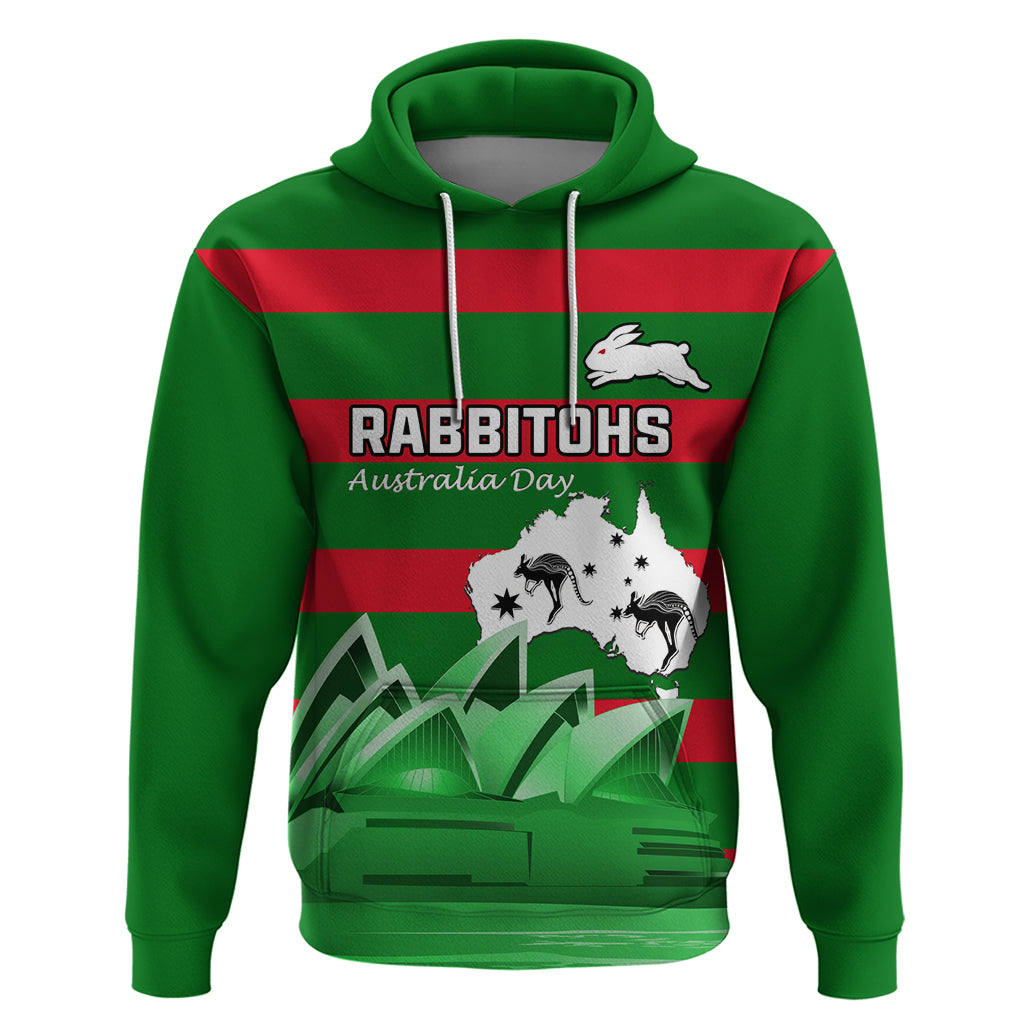 Custom Australia Day Rabbitohs Hoodie NRL 2024 Sydney Opera House With Map
