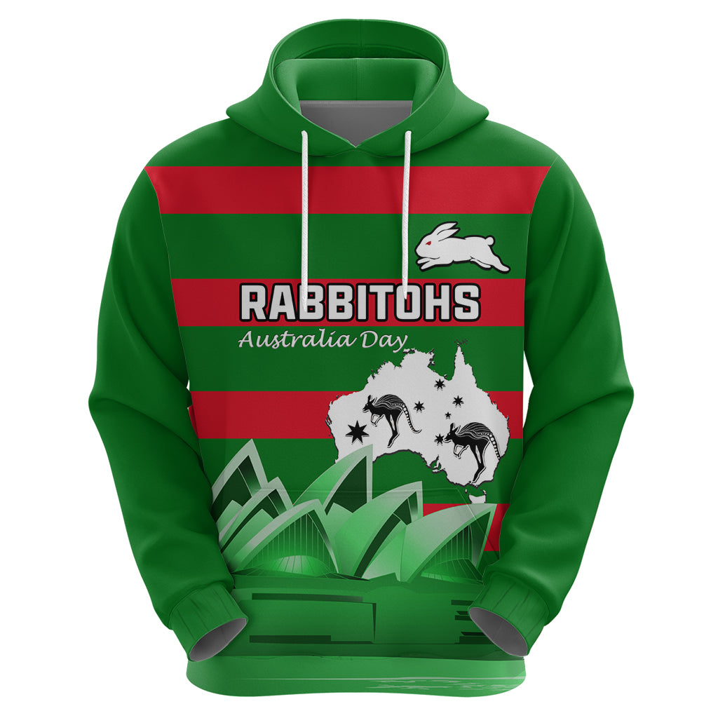 Custom Australia Day Rabbitohs Hoodie NRL 2024 Sydney Opera House With Map