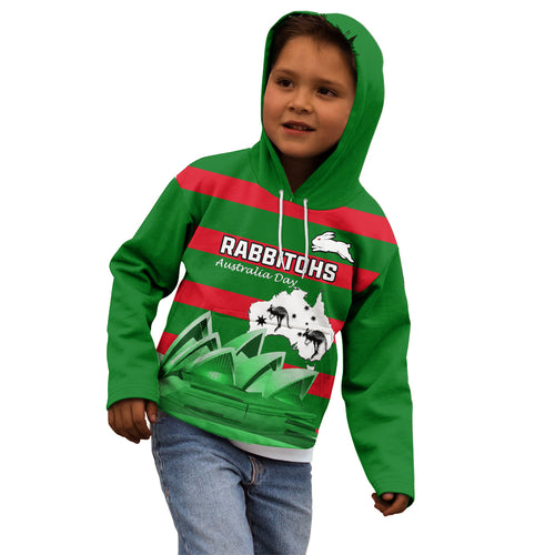 Custom Australia Day Rabbitohs Kid Hoodie NRL 2024 Sydney Opera House With Map