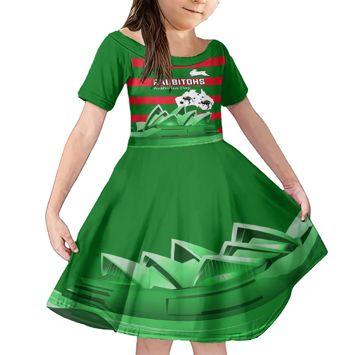 Custom Australia Day Rabbitohs Kid Short Sleeve Dress NRL 2024 Sydney Opera House With Map