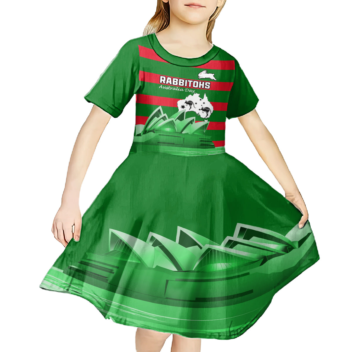 Custom Australia Day Rabbitohs Kid Short Sleeve Dress NRL 2024 Sydney Opera House With Map
