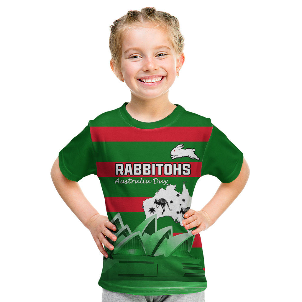 Custom Australia Day Rabbitohs Kid T Shirt NRL 2024 Sydney Opera House With Map
