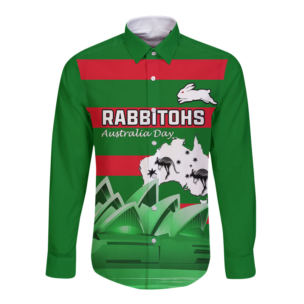Custom Australia Day Rabbitohs Long Sleeve Button Shirt NRL 2024 Sydney Opera House With Map