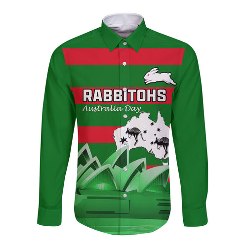 Custom Australia Day Rabbitohs Long Sleeve Button Shirt NRL 2024 Sydney Opera House With Map