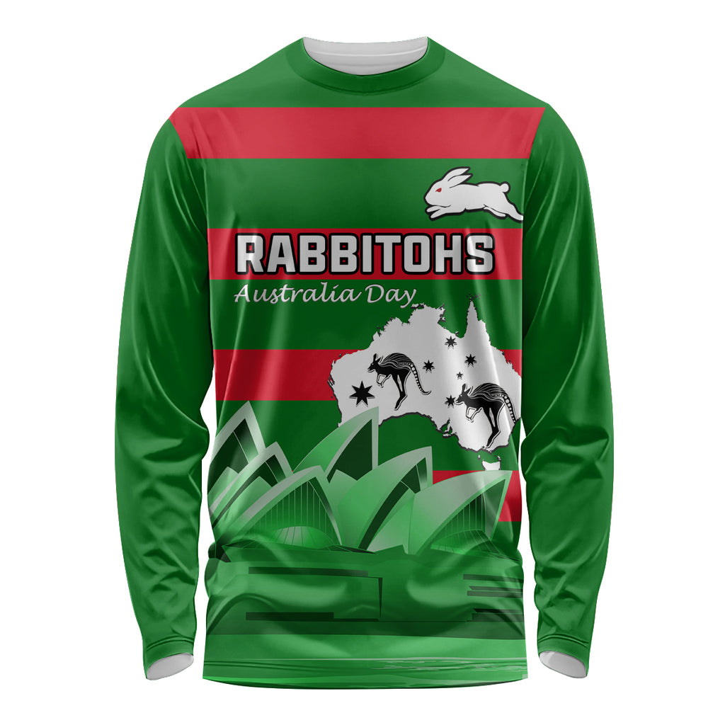 Custom Australia Day Rabbitohs Long Sleeve Shirt NRL 2024 Sydney Opera House With Map