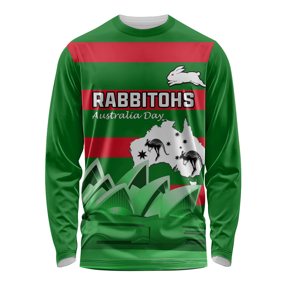 Custom Australia Day Rabbitohs Long Sleeve Shirt NRL 2024 Sydney Opera House With Map