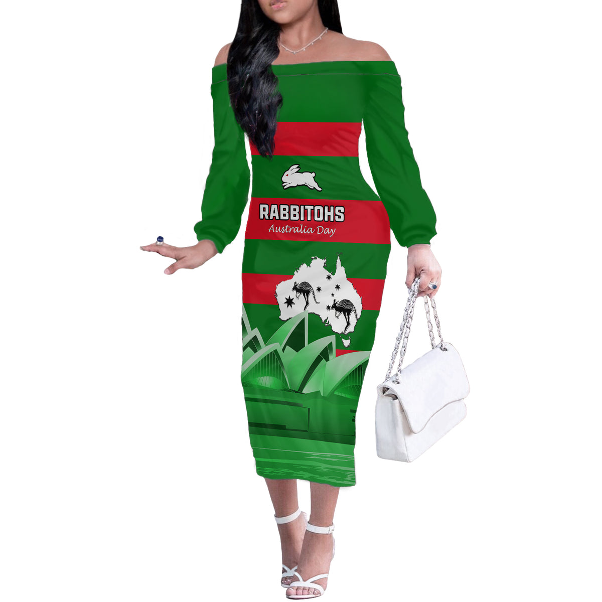 Custom Australia Day Rabbitohs Off The Shoulder Long Sleeve Dress NRL 2024 Sydney Opera House With Map