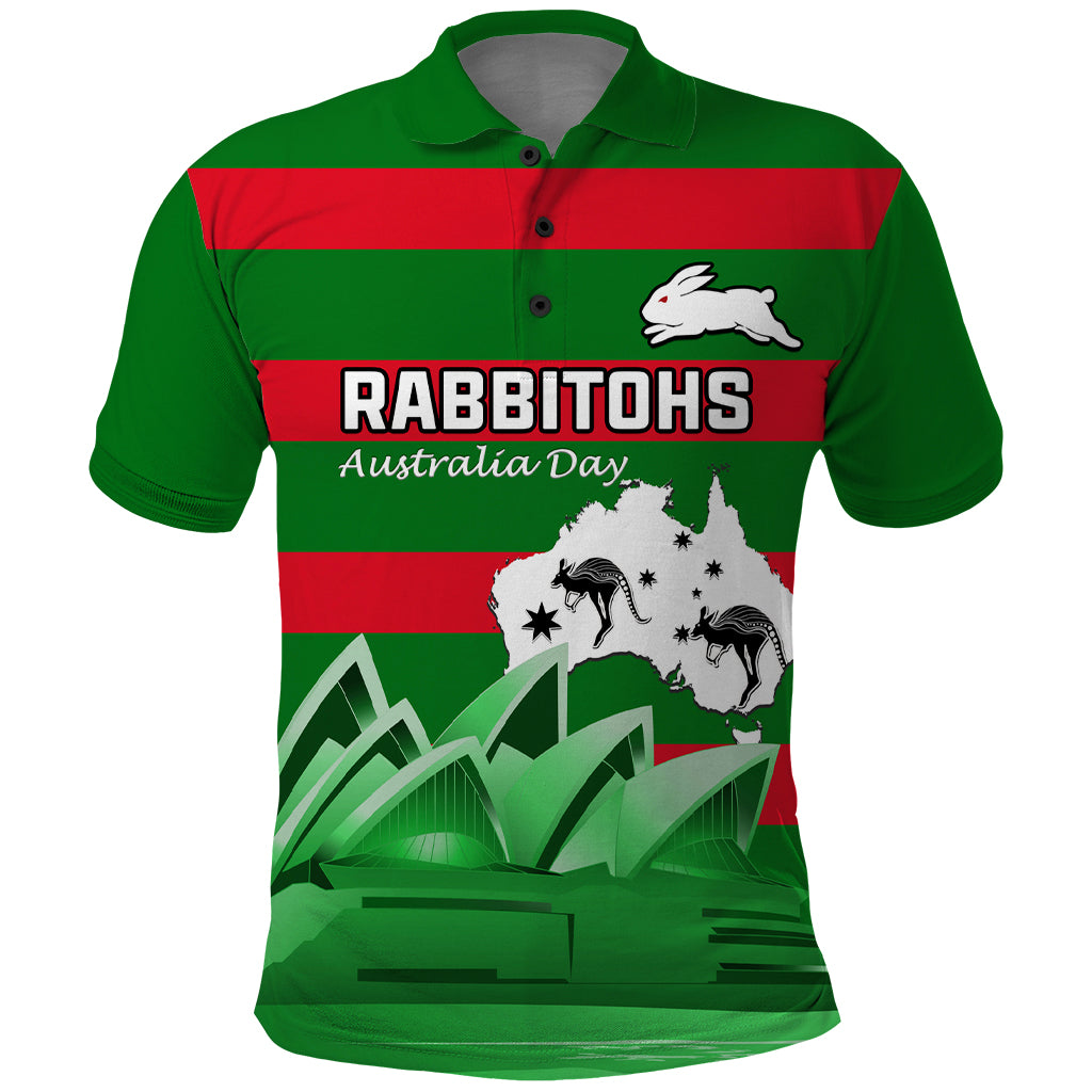 Custom Australia Day Rabbitohs Polo Shirt NRL 2024 Sydney Opera House With Map