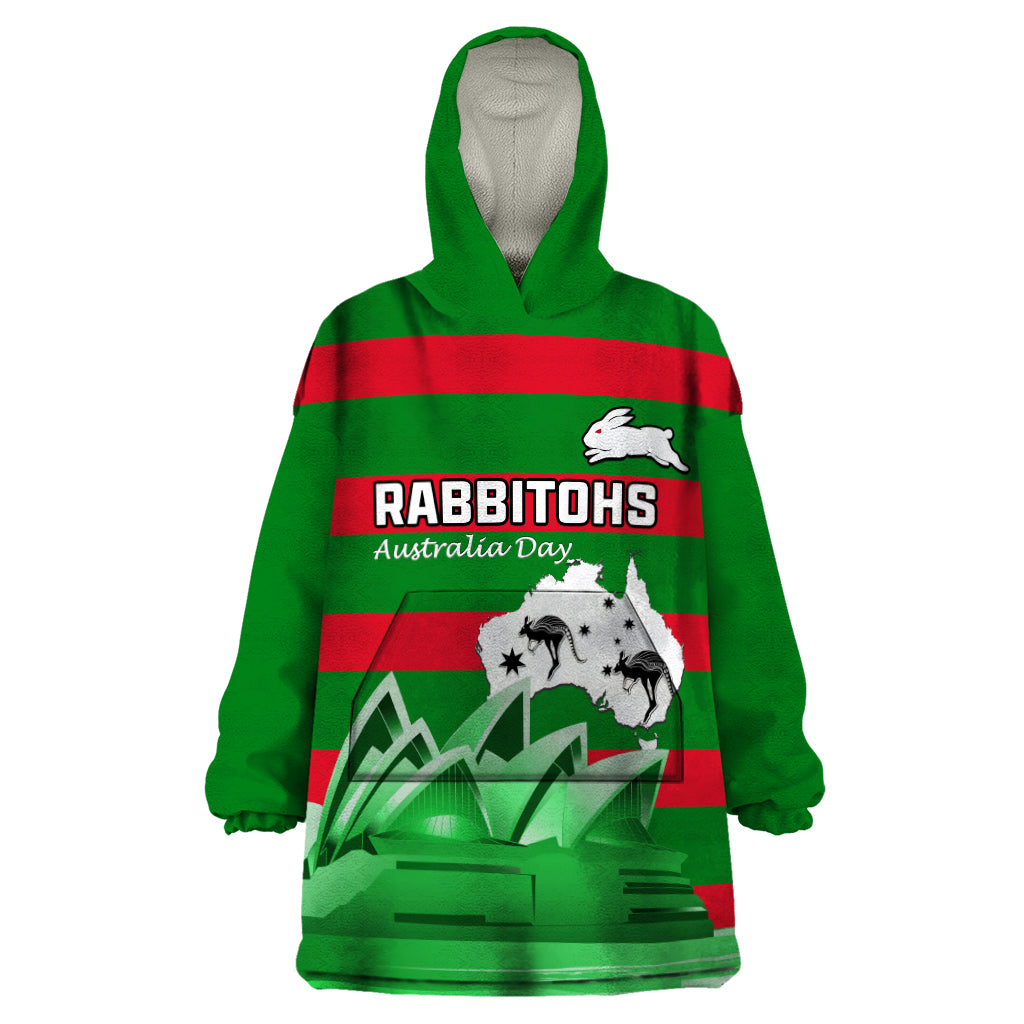 Custom Australia Day Rabbitohs Wearable Blanket Hoodie NRL 2024 Sydney Opera House With Map
