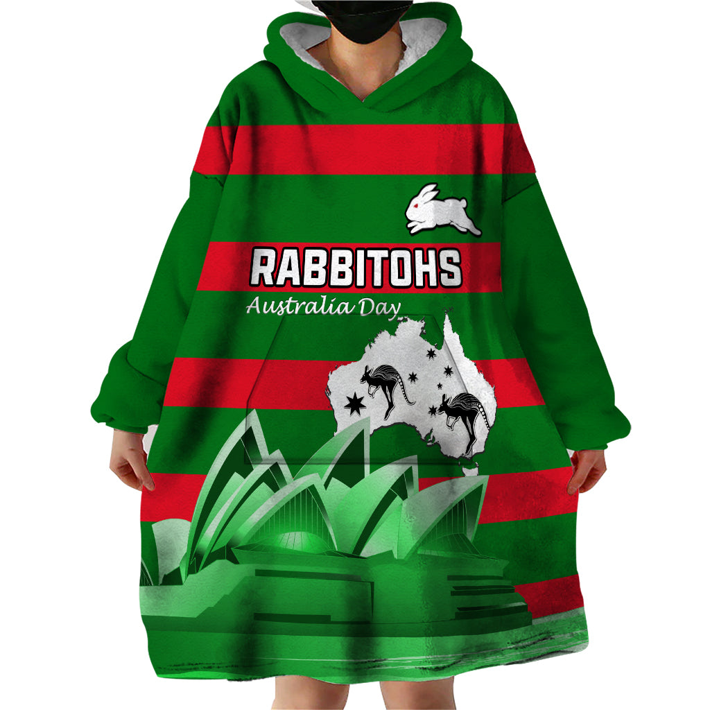Custom Australia Day Rabbitohs Wearable Blanket Hoodie NRL 2024 Sydney Opera House With Map
