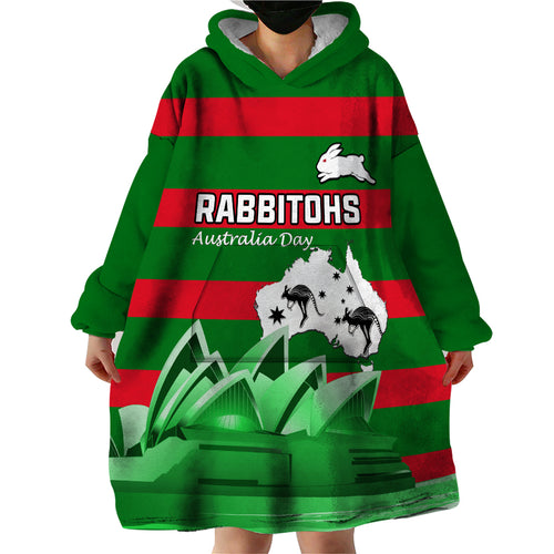 Custom Australia Day Rabbitohs Wearable Blanket Hoodie NRL 2024 Sydney Opera House With Map