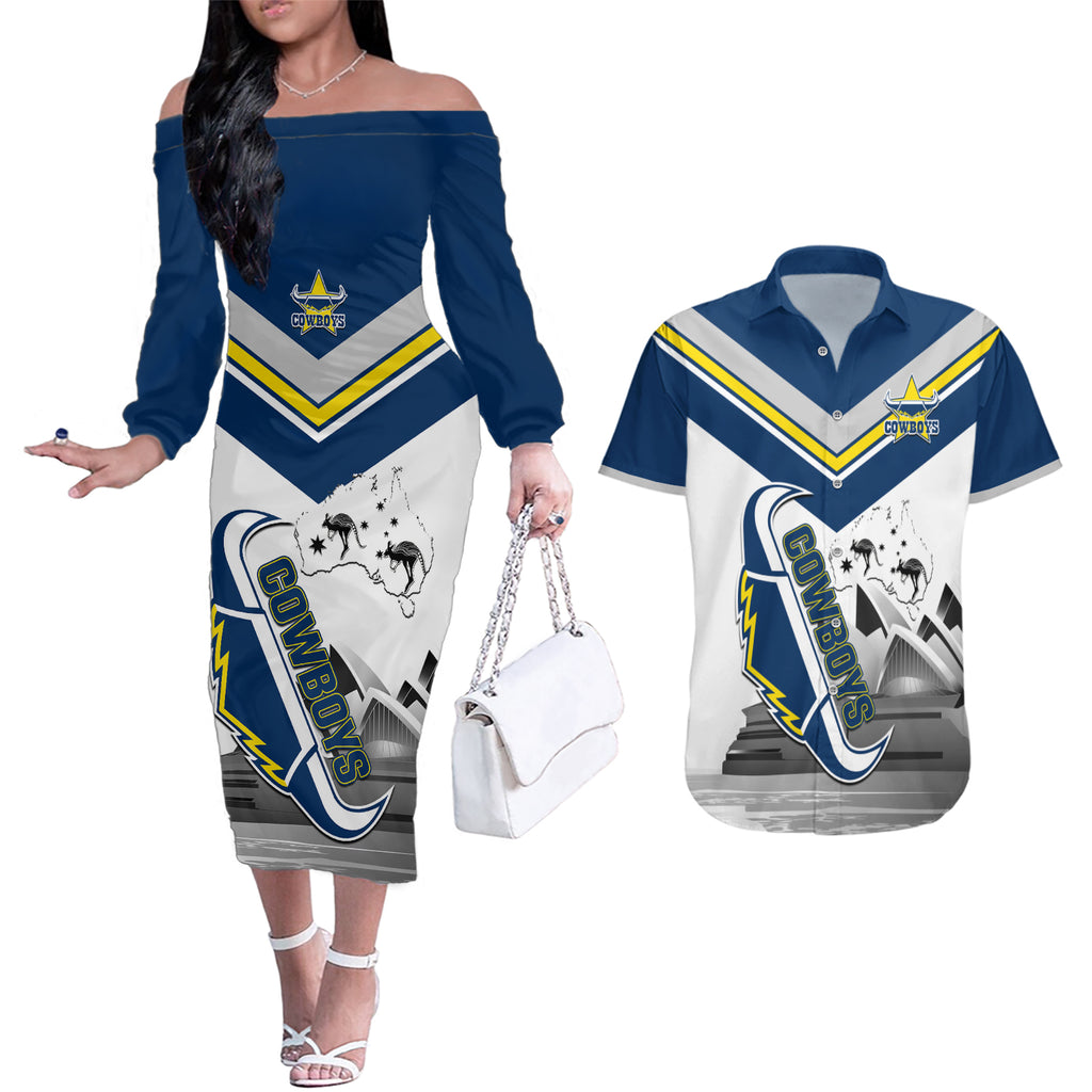 Custom Australia Day Cowboys Couples Matching Off The Shoulder Long Sleeve Dress and Hawaiian Shirt NRL 2024 Sydney Opera House With Map