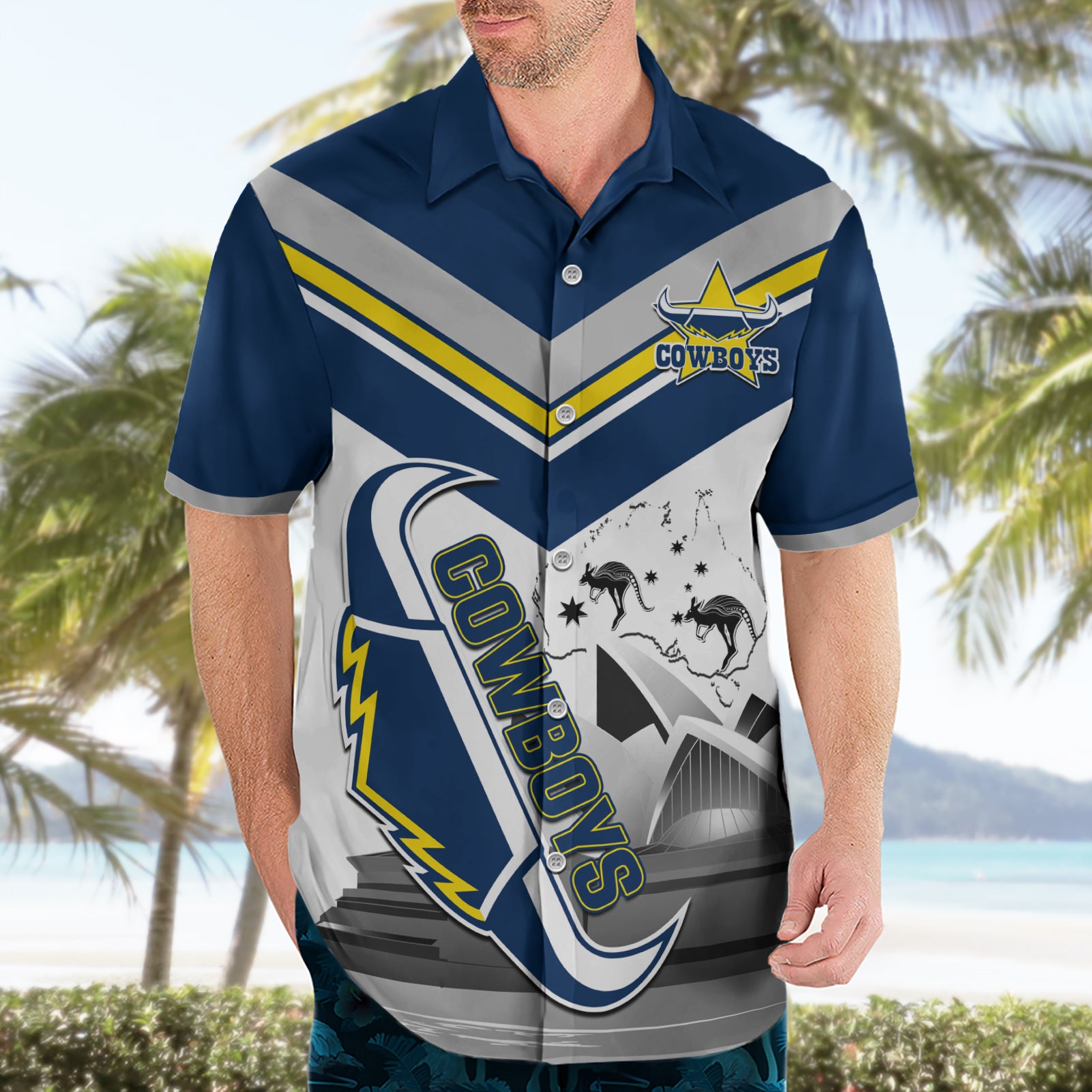 Custom Australia Day Cowboys Hawaiian Shirt NRL 2024 Sydney Opera House With Map
