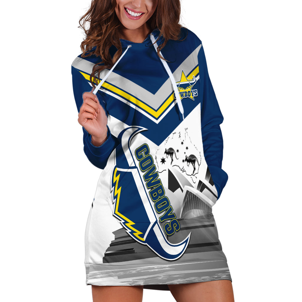 Custom Australia Day Cowboys Hoodie Dress NRL 2024 Sydney Opera House With Map