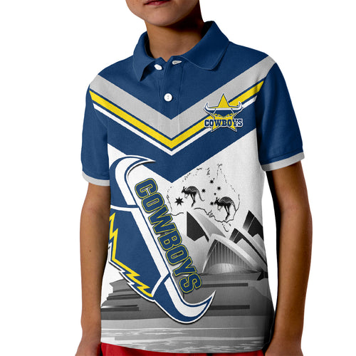 Custom Australia Day Cowboys Kid Polo Shirt NRL 2024 Sydney Opera House With Map