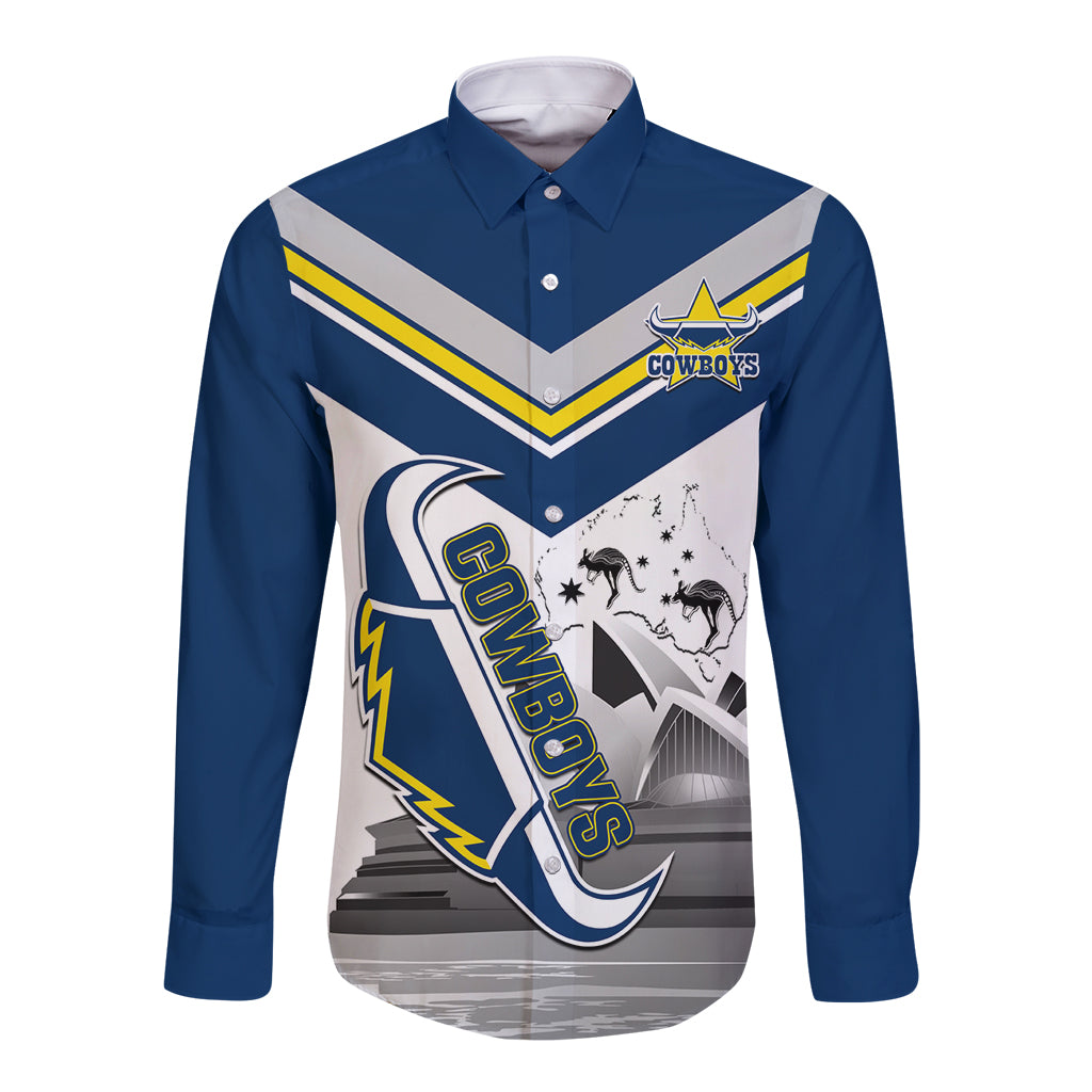 Custom Australia Day Cowboys Long Sleeve Button Shirt NRL 2024 Sydney Opera House With Map