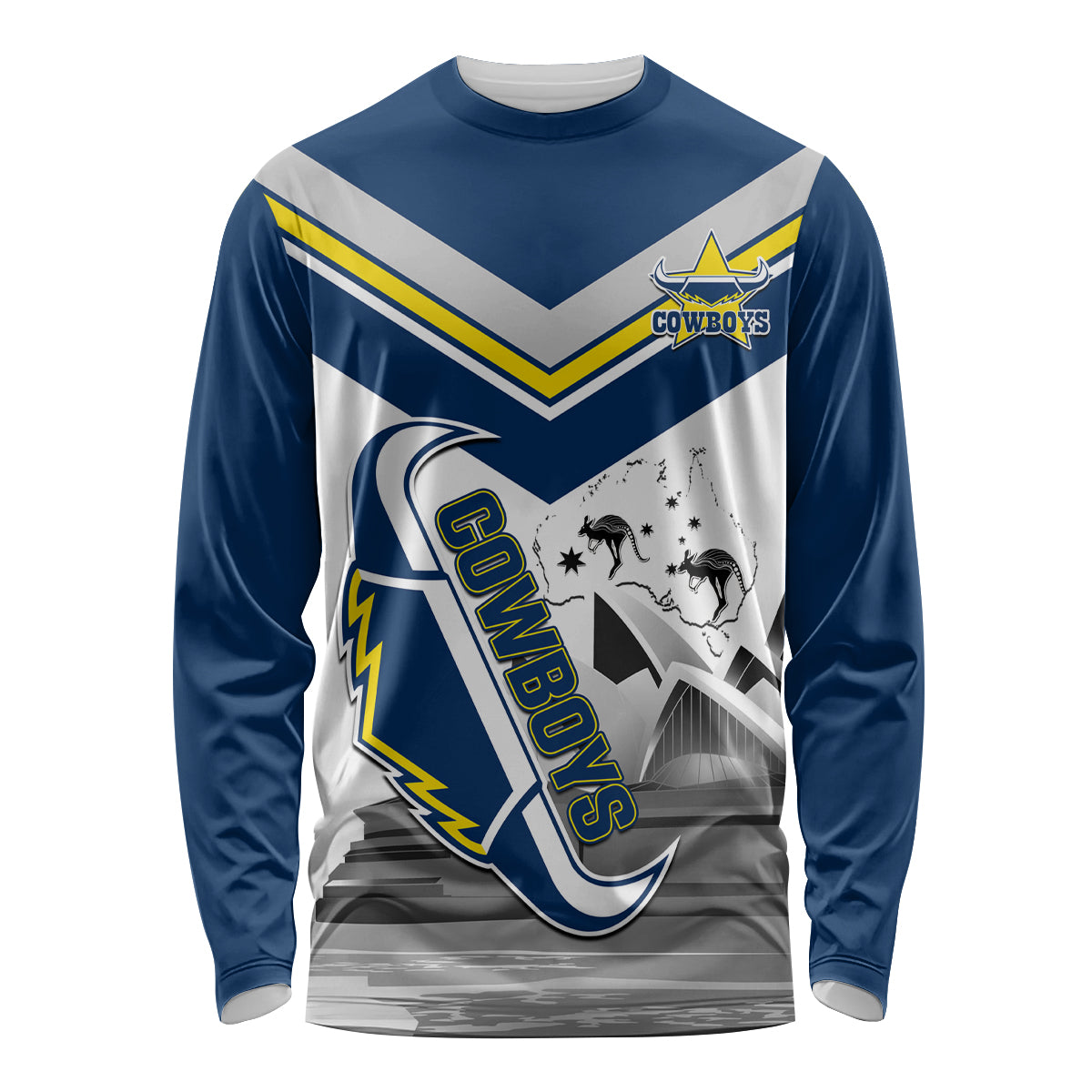 Custom Australia Day Cowboys Long Sleeve Shirt NRL 2024 Sydney Opera House With Map