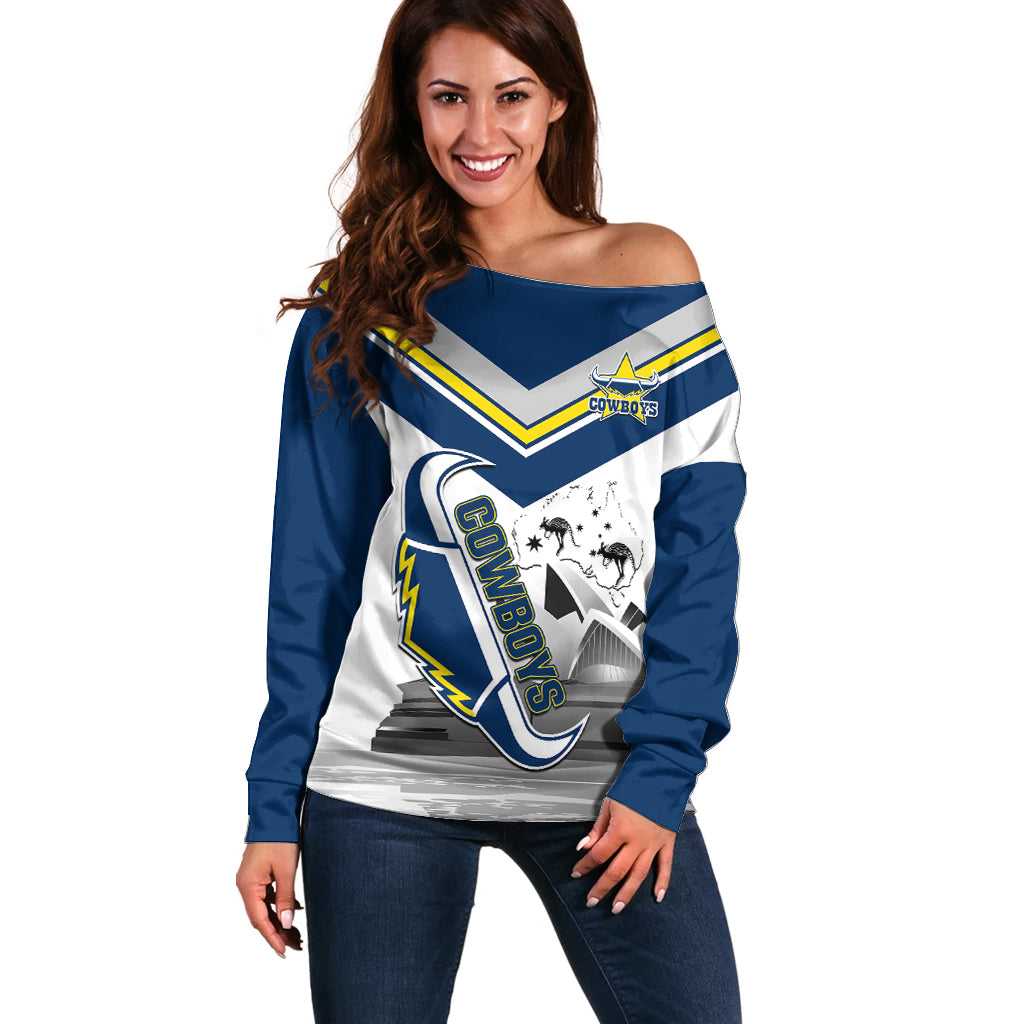 Custom Australia Day Cowboys Off Shoulder Sweater NRL 2024 Sydney Opera House With Map