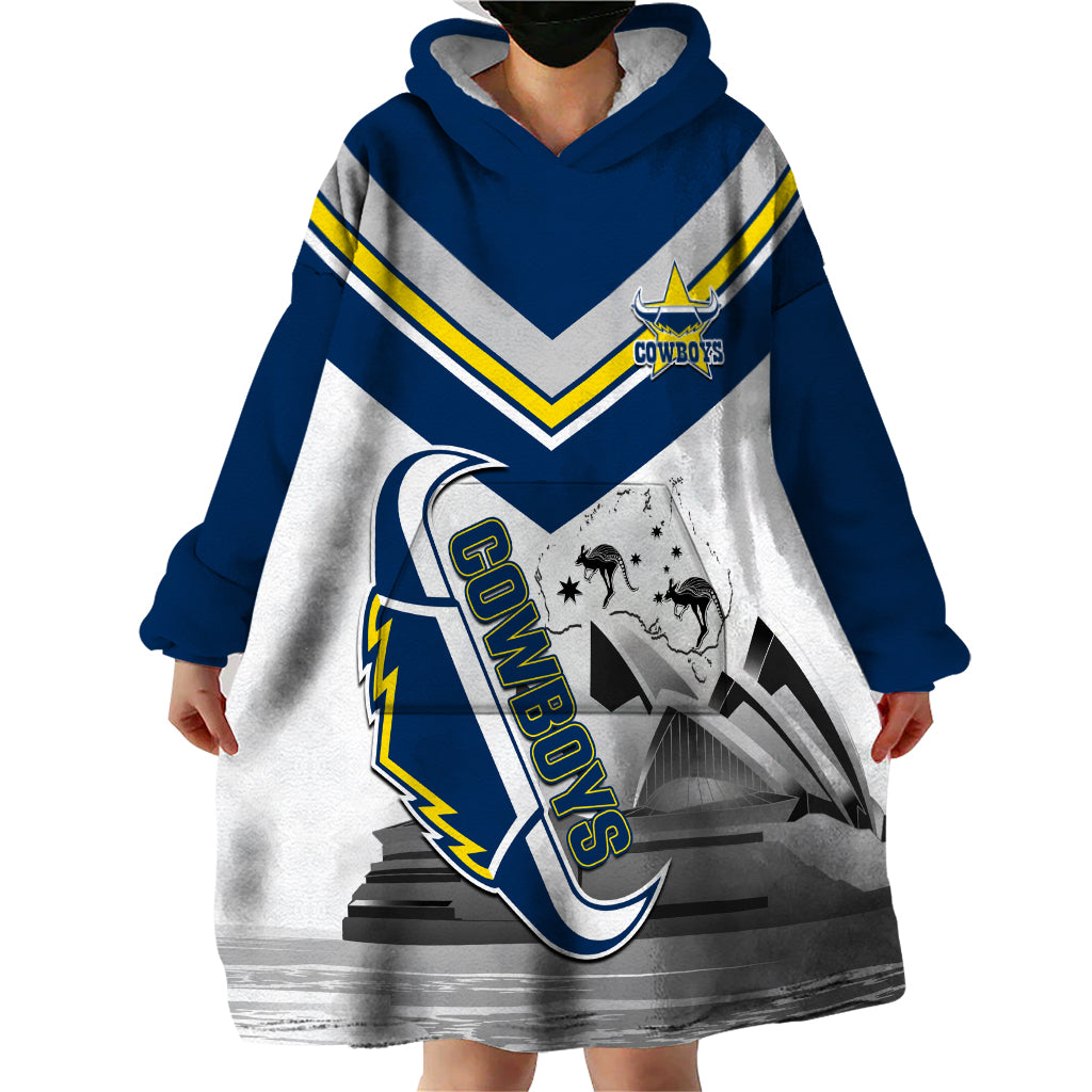 Custom Australia Day Cowboys Wearable Blanket Hoodie NRL 2024 Sydney Opera House With Map