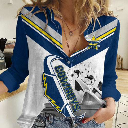 Custom Australia Day Cowboys Women Casual Shirt NRL 2024 Sydney Opera House With Map