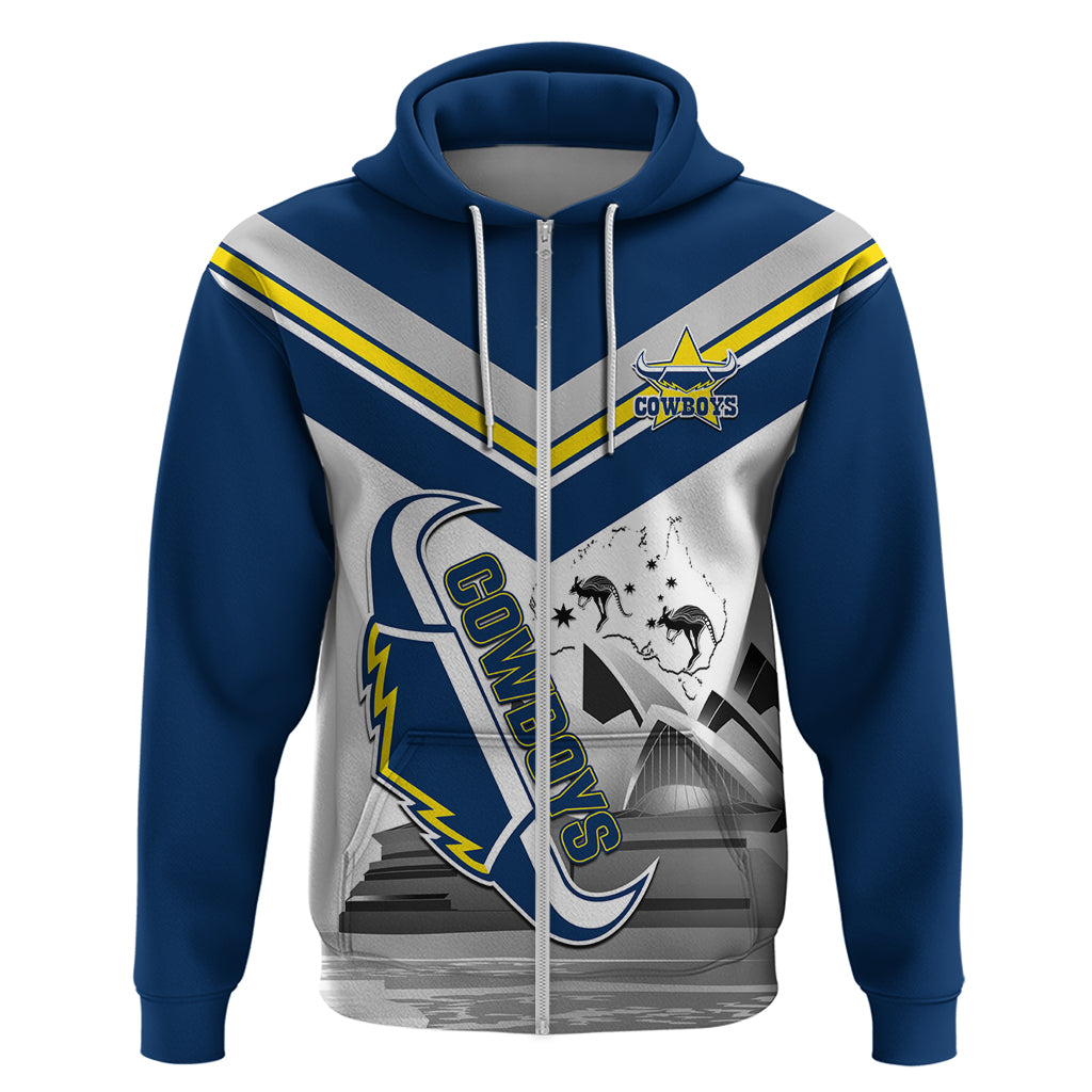Custom Australia Day Cowboys Zip Hoodie NRL 2024 Sydney Opera House With Map