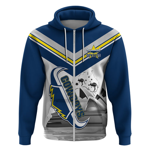 Custom Australia Day Cowboys Zip Hoodie NRL 2024 Sydney Opera House With Map